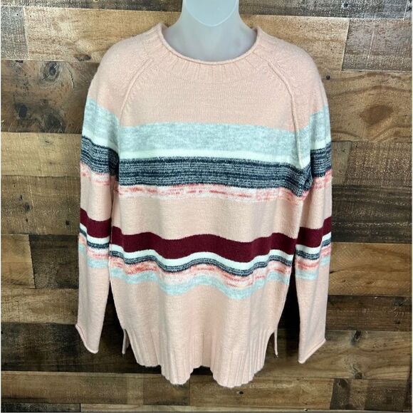 Caslon Sweater Pink Rocking Stripe Crew Neck Wide Ribbed Hem Side Slits Medium - Picture 12 of 15